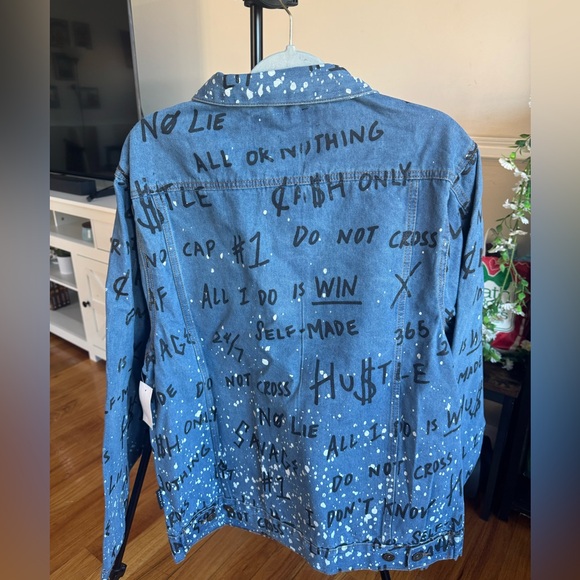 Brooklyn Cloth Blue Denim Jacket Black Graffiti Style text&white paint splatter - Picture 9 of 11
